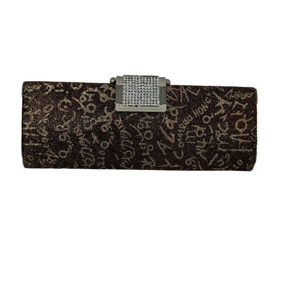 Evening Bag Clutch Shoulder Bag Brown - Gold Letters & Numbers Clasp 9Lx3Hx2W - Picture 1 of 14
